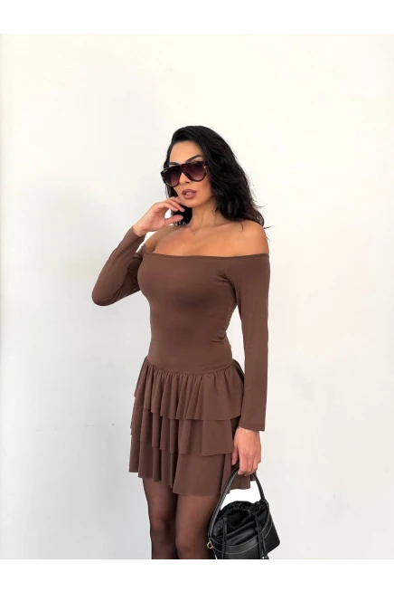 Kadın Omuz Detay Mini Elbise Kahve