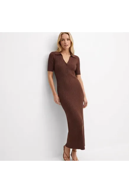 Kadın Polo Yaka Düğme Detay Kaşkorse Viskon Triko Elbise