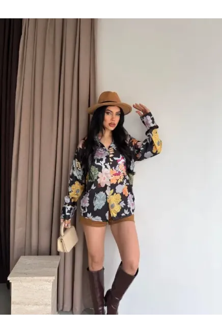 Kadın Renkli Çiçek Desenli Saten Gömlek