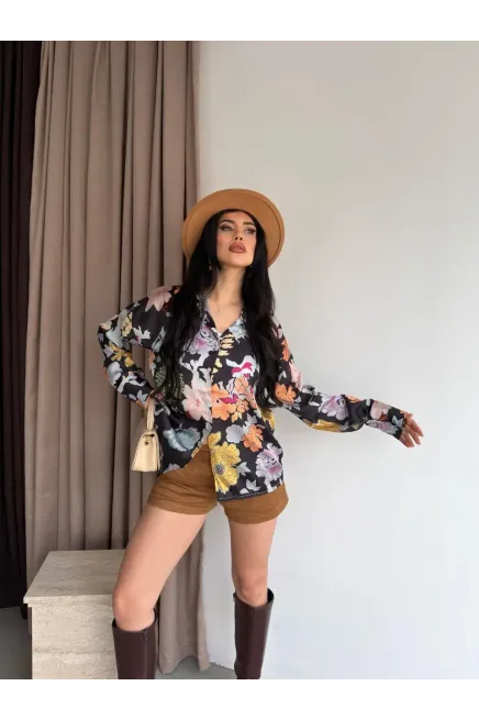 Kadın Renkli Çiçek Desenli Saten Gömlek