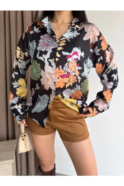 Kadın Renkli Çiçek Desenli Saten Gömlek