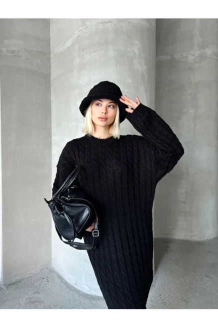 Kadın Siyah Bisiklet Yaka Saç Örgülü Kadın Triko Midi Elbise