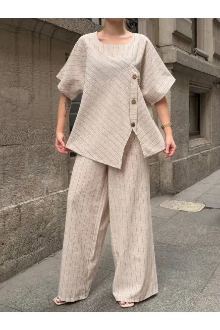 Kadın Siyah Çizgili Keten Takım