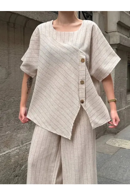 Kadın Siyah Çizgili Keten Takım