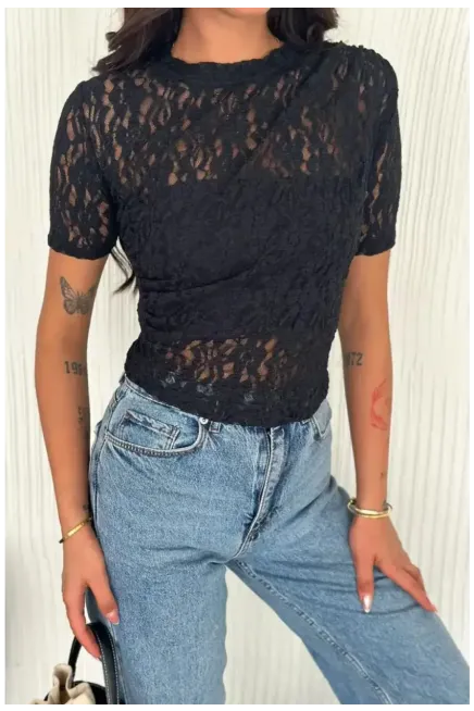 Kadın Siyah Dantel Kısa Kollu Bluz