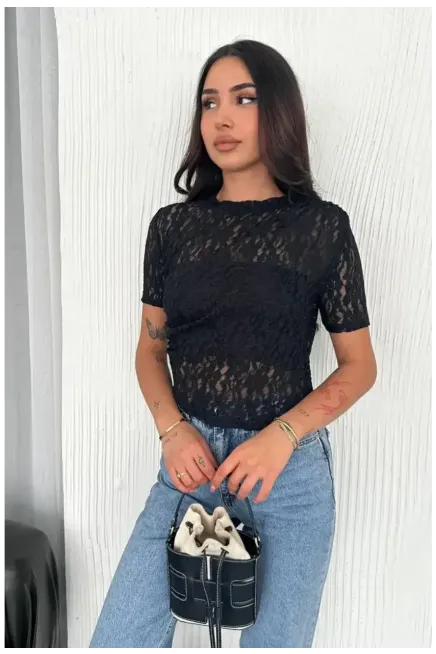 Kadın Siyah Dantel Kısa Kollu Bluz
