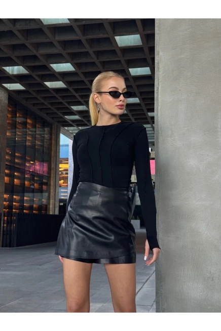 Kadın Siyah Deri Mini Şortlu Etek