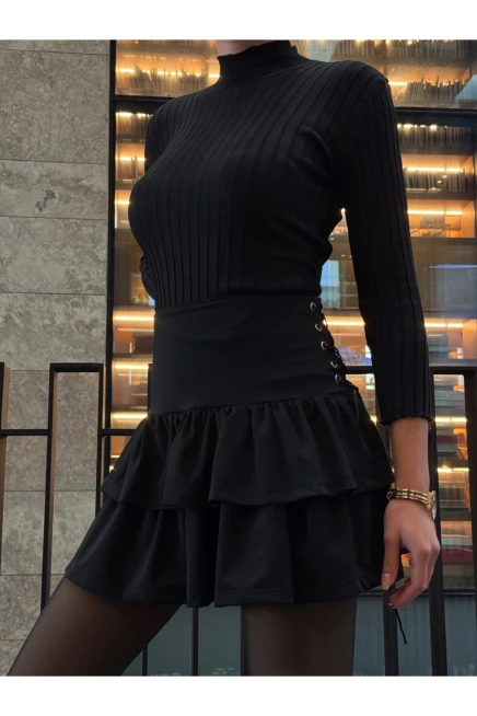 Kadın Siyah Kuş Gözlü Fır fır Detaylı Etek