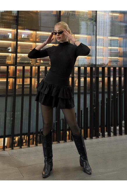 Kadın Siyah Kuş Gözlü Fır fır Detaylı Etek