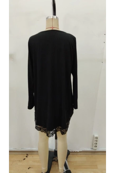 Uzun Kollu Bisiklet Yaka Asimetrik Kesim Detaylı Dantelli Viskon Bluz