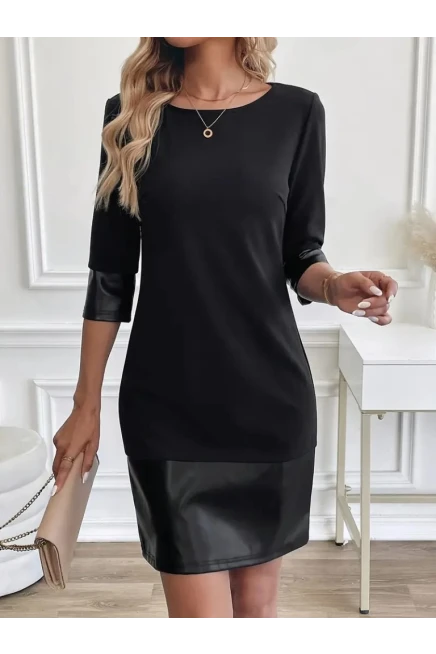 Uzun Kollu Bisiklet Yaka Deri Detaylı Ithal Krep Elbise