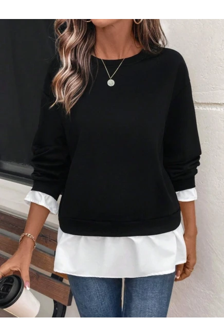 Kadın Uzun Kollu Bisiklet Yaka Viskon Iki Iplik Ve Etek Ucu Trikoton Bluz