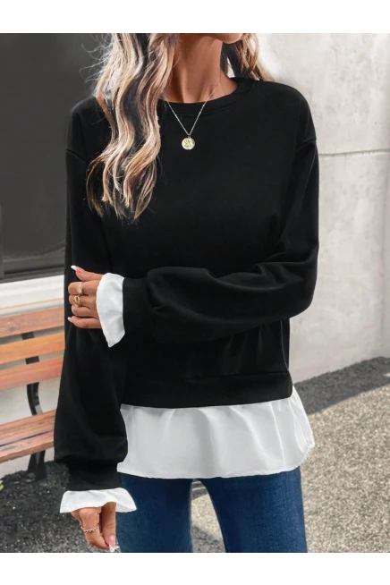 Kadın Uzun Kollu Bisiklet Yaka Viskon Iki Iplik Ve Etek Ucu Trikoton Bluz
