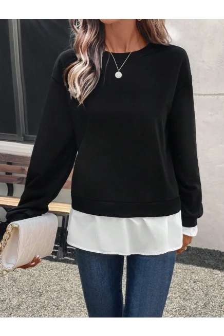 Kadın Uzun Kollu Bisiklet Yaka Viskon Iki Iplik Ve Etek Ucu Trikoton Bluz