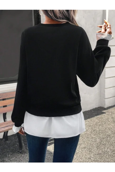 Kadın Uzun Kollu Bisiklet Yaka Viskon Iki Iplik Ve Etek Ucu Trikoton Bluz