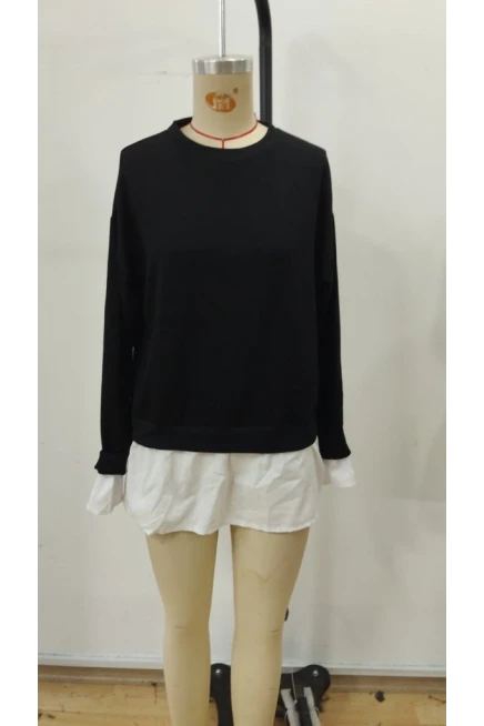 Kadın Uzun Kollu Bisiklet Yaka Viskon Iki Iplik Ve Etek Ucu Trikoton Bluz