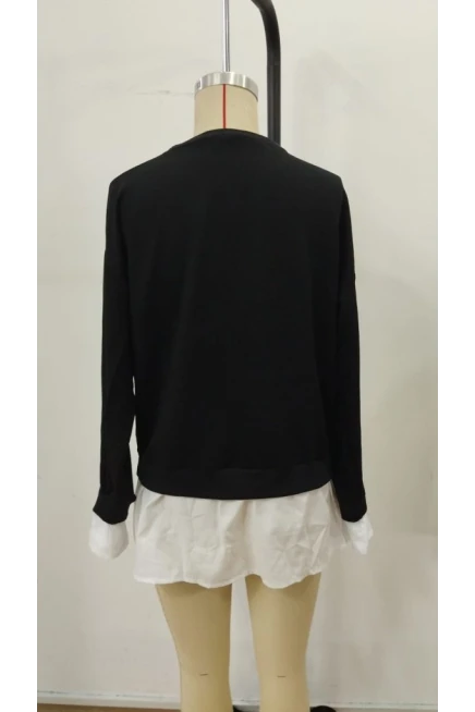 Kadın Uzun Kollu Bisiklet Yaka Viskon Iki Iplik Ve Etek Ucu Trikoton Bluz