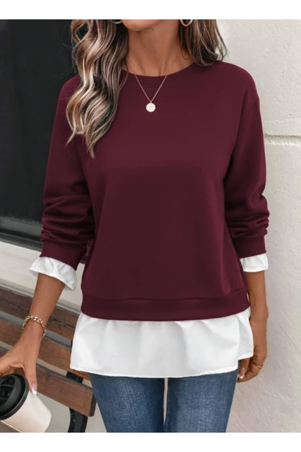 Kadın Uzun Kollu Bisiklet Yaka Viskon Iki Iplik Ve Etek Ucu Trikoton Bluz