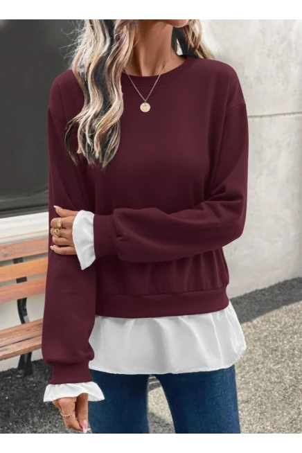 Kadın Uzun Kollu Bisiklet Yaka Viskon Iki Iplik Ve Etek Ucu Trikoton Bluz