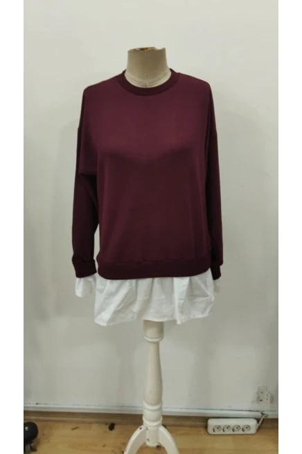 Kadın Uzun Kollu Bisiklet Yaka Viskon Iki Iplik Ve Etek Ucu Trikoton Bluz