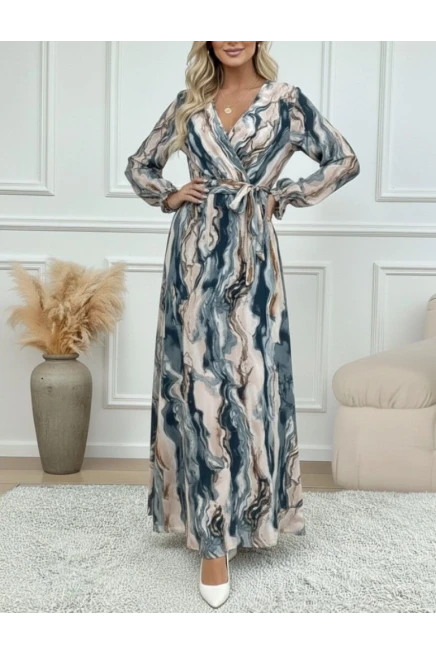 Kadın Uzun Kollu Kruvaze Yakalı Beli Kuşaklı Desenli Süprem Maxi Elbise