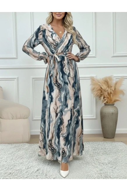 Kadın Uzun Kollu Kruvaze Yakalı Beli Kuşaklı Desenli Süprem Maxi Elbise
