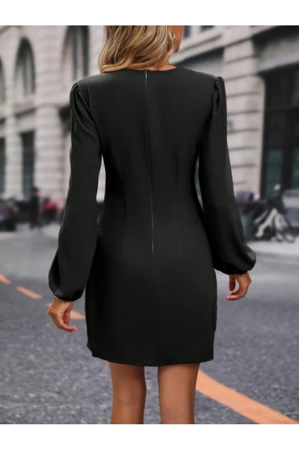 Kadın Uzun Kollu Kruvaze Yakalı Büzgü Detaylı Krep Kısa Elbise