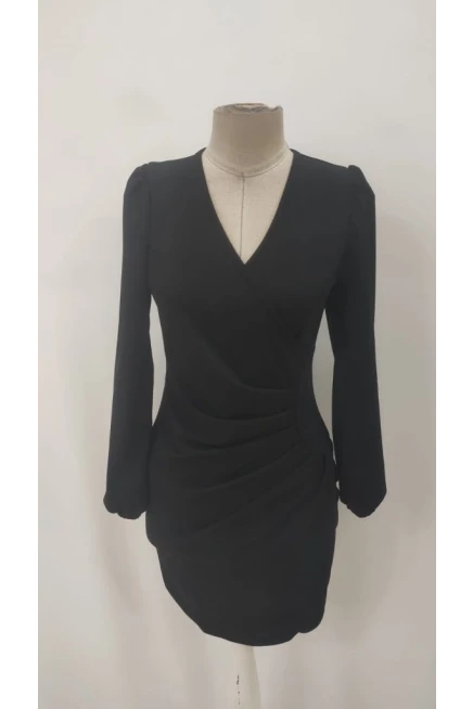 Kadın Uzun Kollu Kruvaze Yakalı Büzgü Detaylı Krep Kısa Elbise