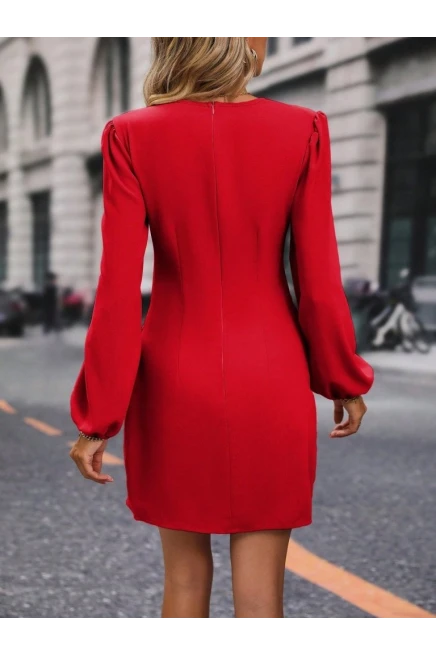 Kadın Uzun Kollu Kruvaze Yakalı Büzgü Detaylı Ithal Kısa Elbise