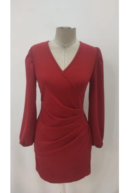 Kadın Uzun Kollu Kruvaze Yakalı Büzgü Detaylı Ithal Kısa Elbise