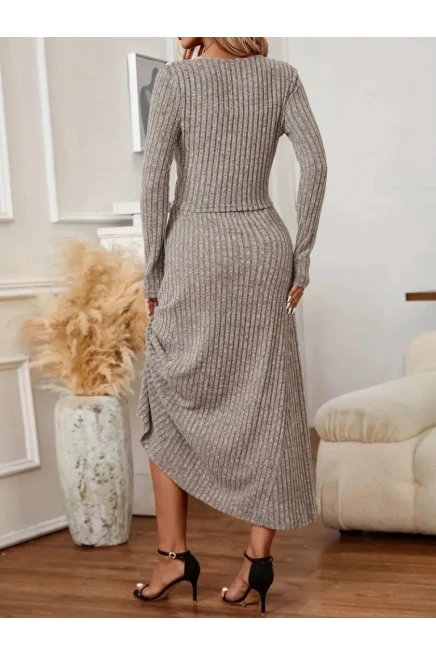 Uzun Kollu Düğmeli Bluz Uzun Etek Kaşkorse İkili Takım