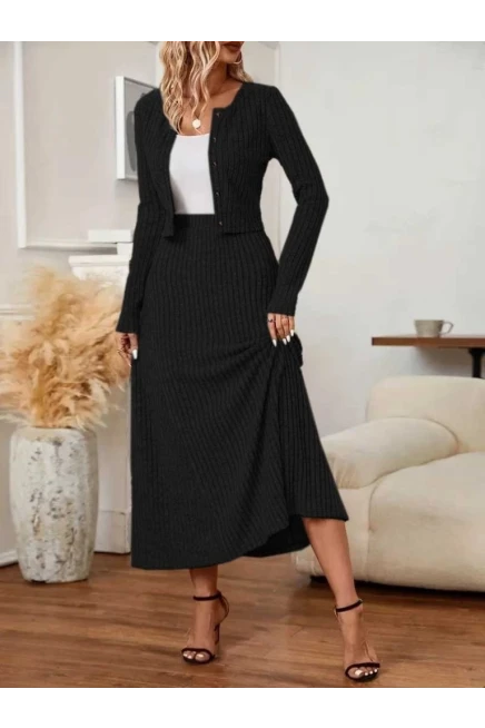 Uzun Kollu Düğmeli Bluz Uzun Etek Kaşkorse İkili Takım