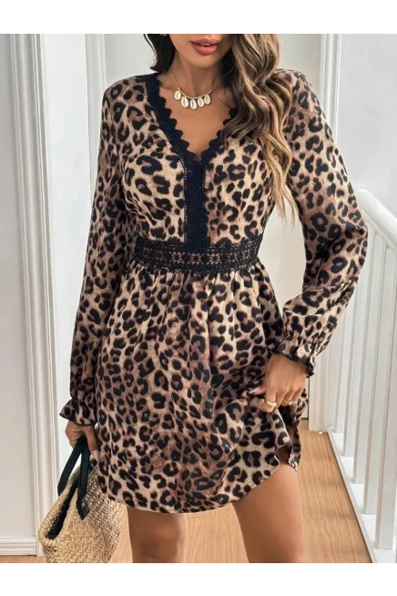 Uzun Kollu V Dantel Yakalı Leopar Desenli Modal Mini Elbise