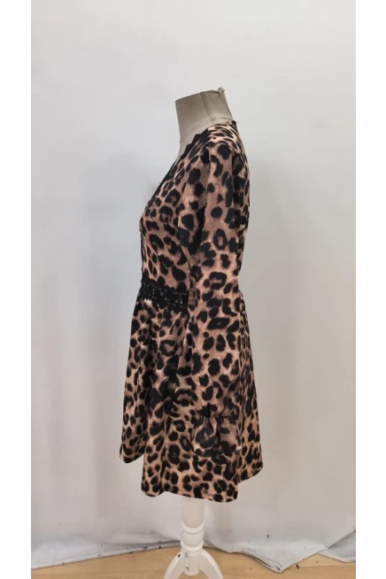 Uzun Kollu V Dantel Yakalı Leopar Desenli Modal Mini Elbise