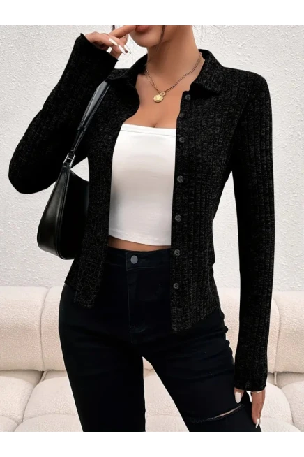 Uzun Kollu Yakalı Önden Düğmeli Triko Ceket