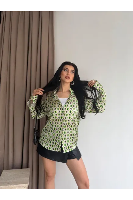 Kadın Yeşil Desenli Saten Gömlek