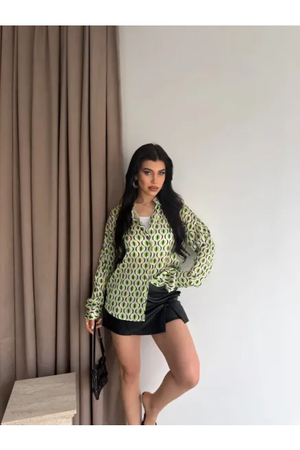 Kadın Yeşil Desenli Saten Gömlek