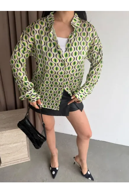 Kadın Yeşil Desenli Saten Gömlek