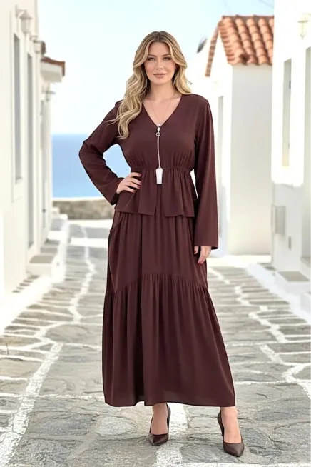 Kahverengi Göğüs Fermarlı Etekli Takım