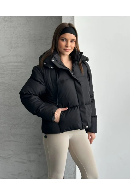 Kapşonlu Yaka Bağcıklı Micro Şişme Mont