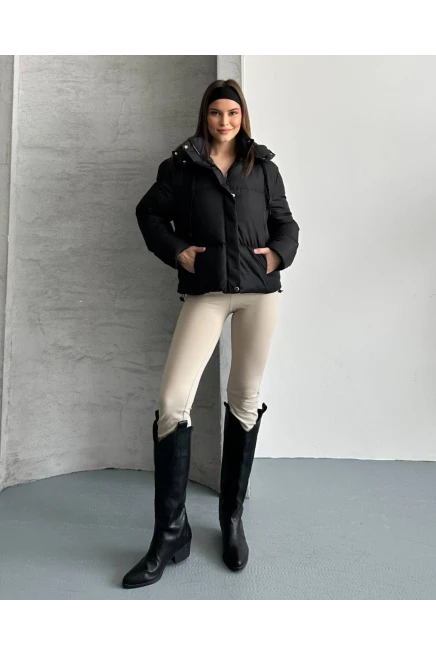 Kapşonlu Yaka Bağcıklı Micro Şişme Mont