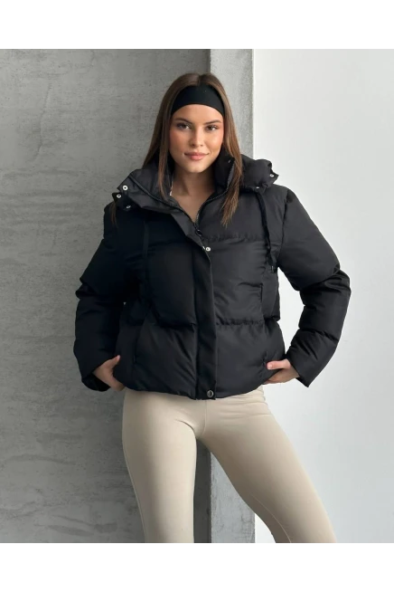 Kapşonlu Yaka Bağcıklı Micro Şişme Mont