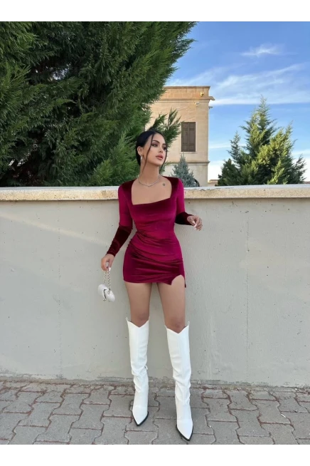Kare Yaka Kadife Elbise Bordo