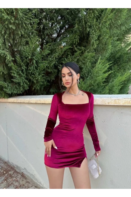 Kare Yaka Kadife Elbise Bordo