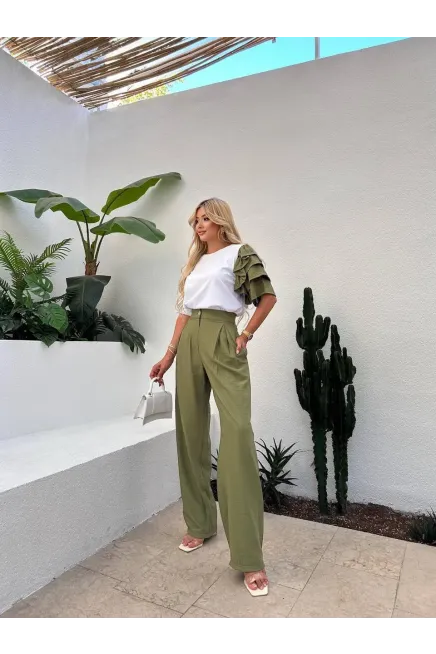 Kol Detay T-shirt ve Pantalon Alt Üst Takım Haki