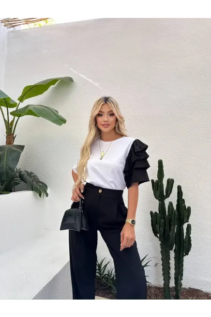 Kol Detay T-shirt ve Pantalon Alt Üst Takım Siyah