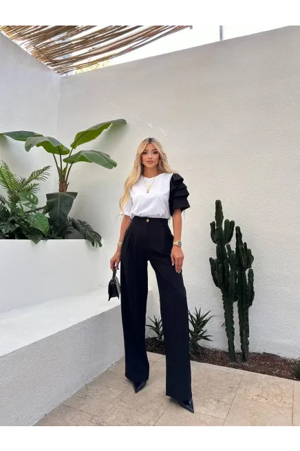 Kol Detay T-shirt ve Pantalon Alt Üst Takım Siyah