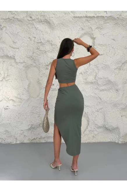 Kolsuz Crop Bluz ve Etek Alt Üst Takım Haki