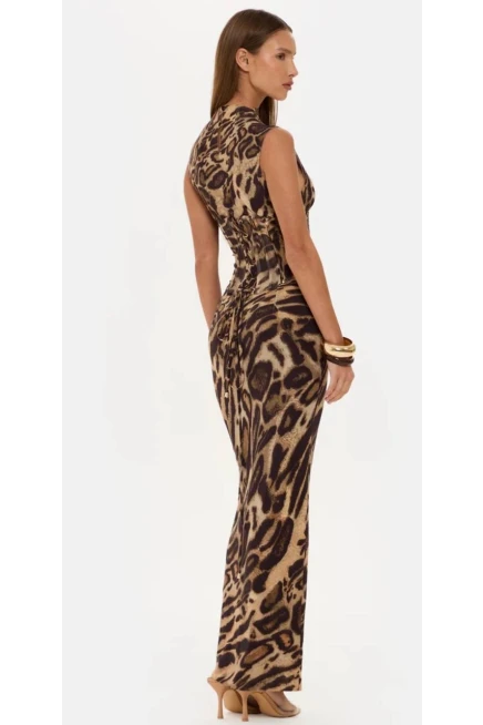 Korseli Balenli Maxi Boy Leopar Elbise