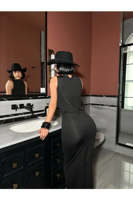 Korseli Balenli Maxi Boy Elbise Siyah